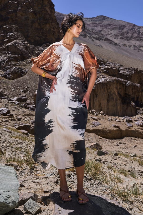 Multi Earth Abstract Printed V-Neck Midi Kaftan Dress — Dash and Dot