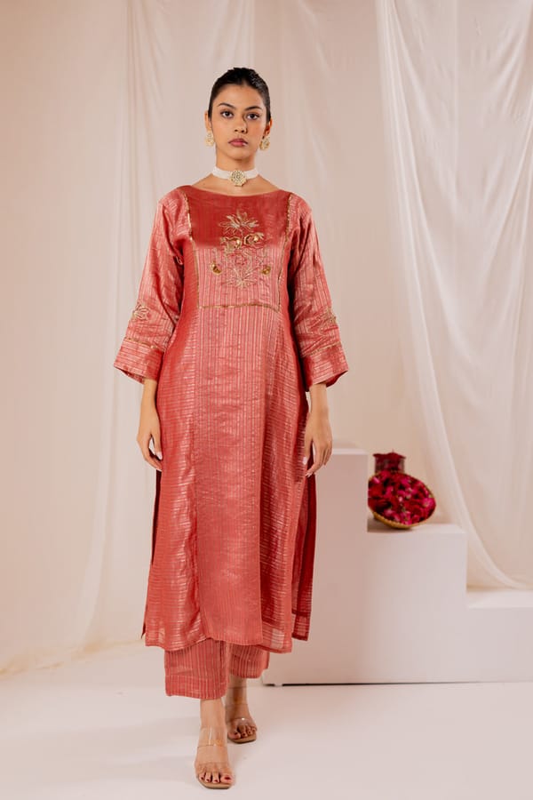 Pink Chanderi Silk Zari Kurta Set with Embroidered Yoke — Silai studio