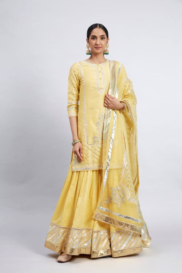 Daffodil Yellow Chanderi Silk Kurta Garara Set with Dupatta — Sheetal Batra