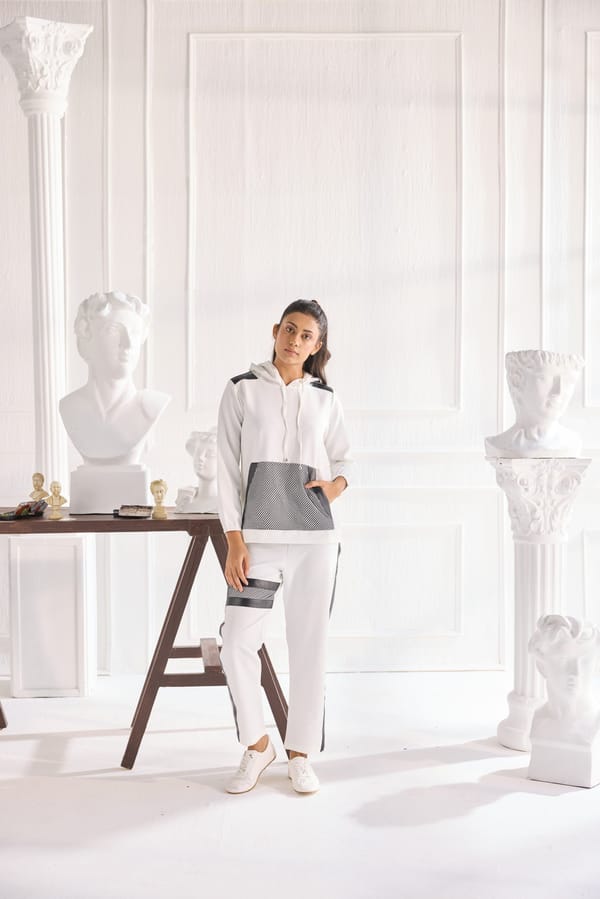 White/Black Hooded Trackset Co-ord Set with Mesh Pocket — Shivya K