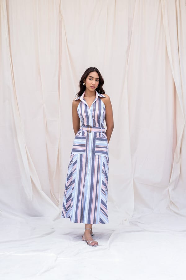 Striped Poplin Belted Halter-Neck Midi Dress — Urban Suburban