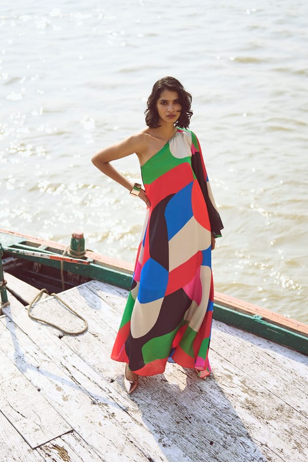 Multicolor Abstract One-Shoulder Single Sleeve Maxi Gown — Dash and Dot