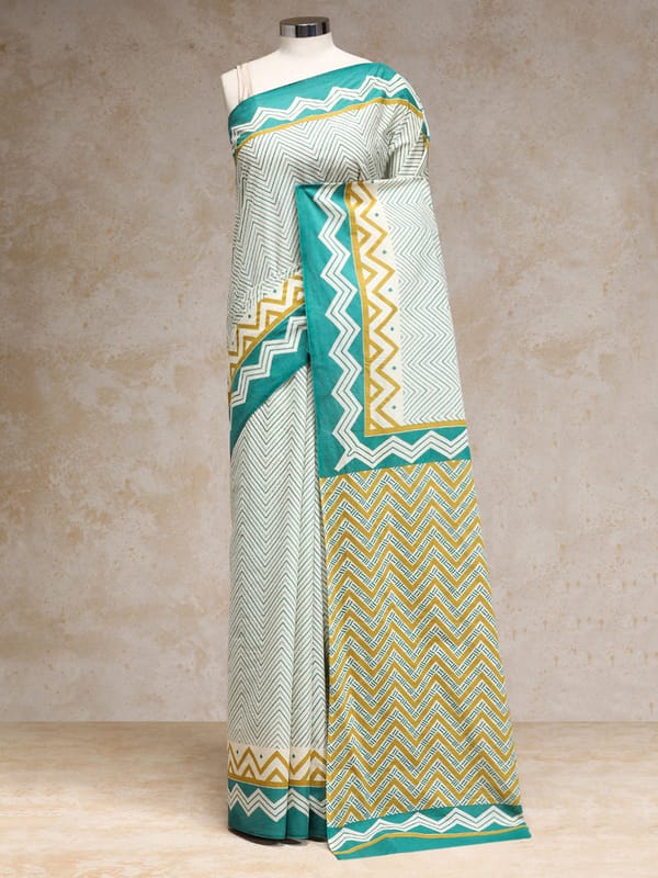 Sage Green White Handblock Printed Chevron Zigzag — BINKS
