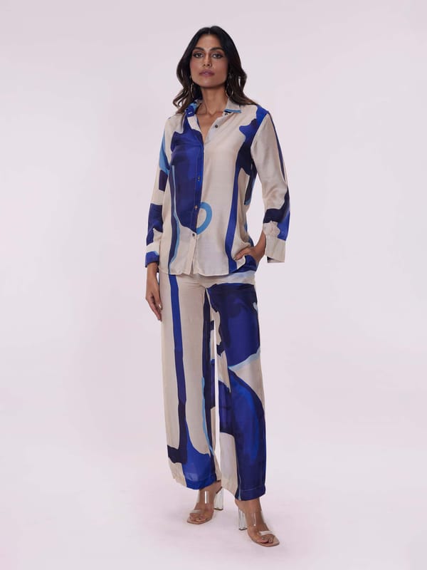 Blue Abstract Printed Shirt and Wide-Leg Pants Co-ord Set — POPPI