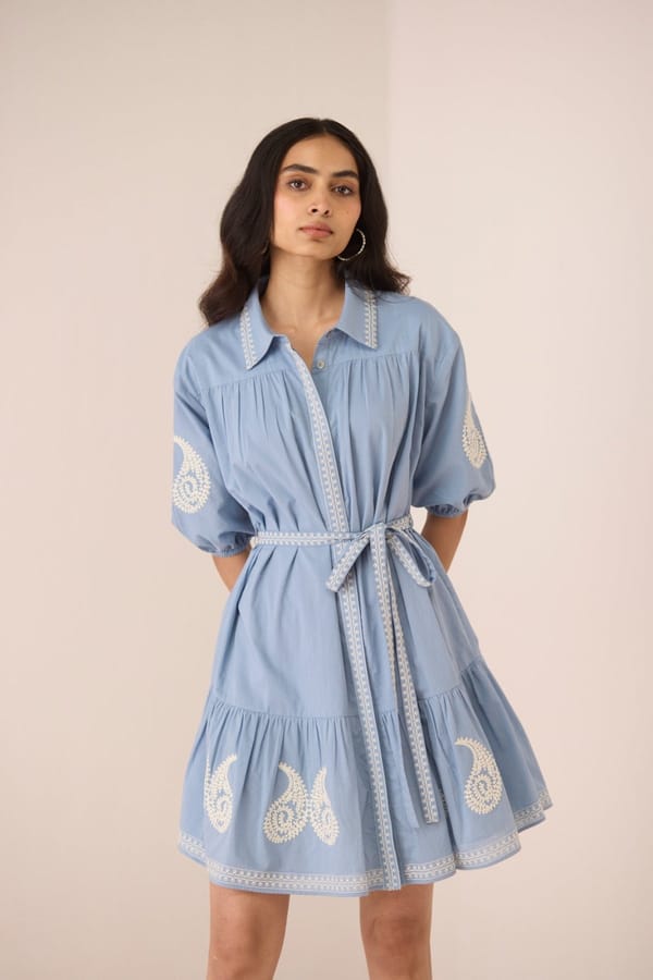 Dusty Blue Embroidered Cotton Mini Shirt Dress with Belt — Calling June