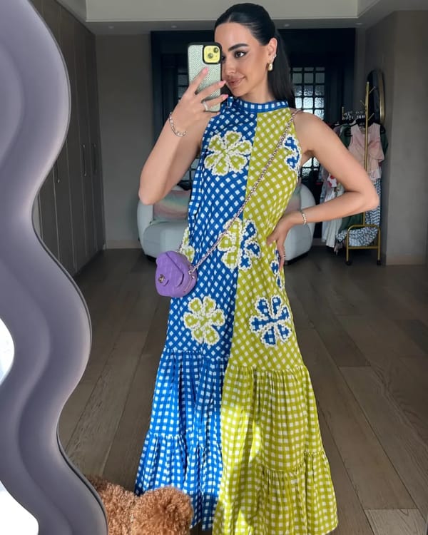 Mustard and Blue Patchwork Halter Maxi Dress — KM Label
