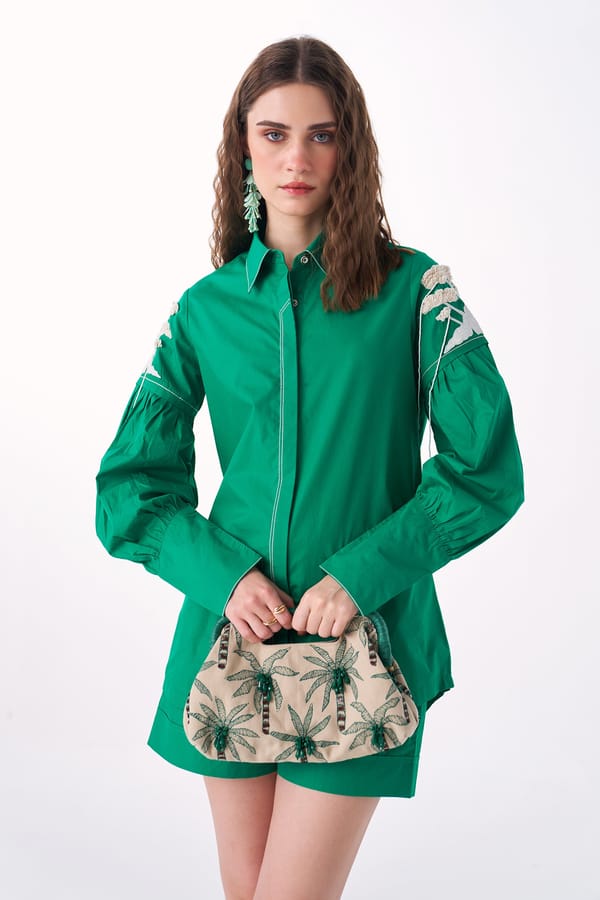 Emerald Cotton Twill Embroidered Statement Sleeve Shirt — Our Love