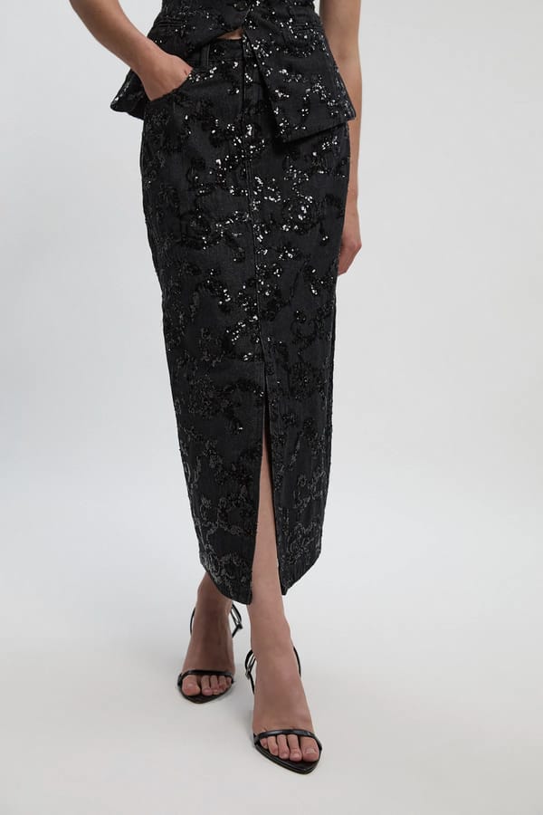 Black Sequin Floral Midi Pencil Skirt with Front Slit — KAREN MILLEN