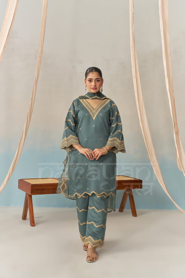 NURA - Teal Blue Chanderi Suit Set — NARAYANI VASTRA