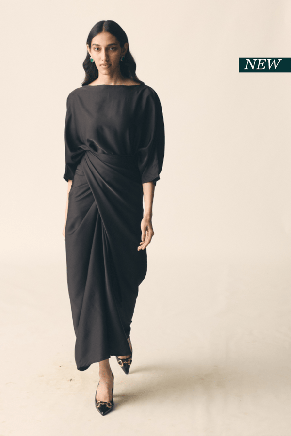 Black Satin Oversized Top and Wrap Maxi Skirt Co-ord Set — Unrush