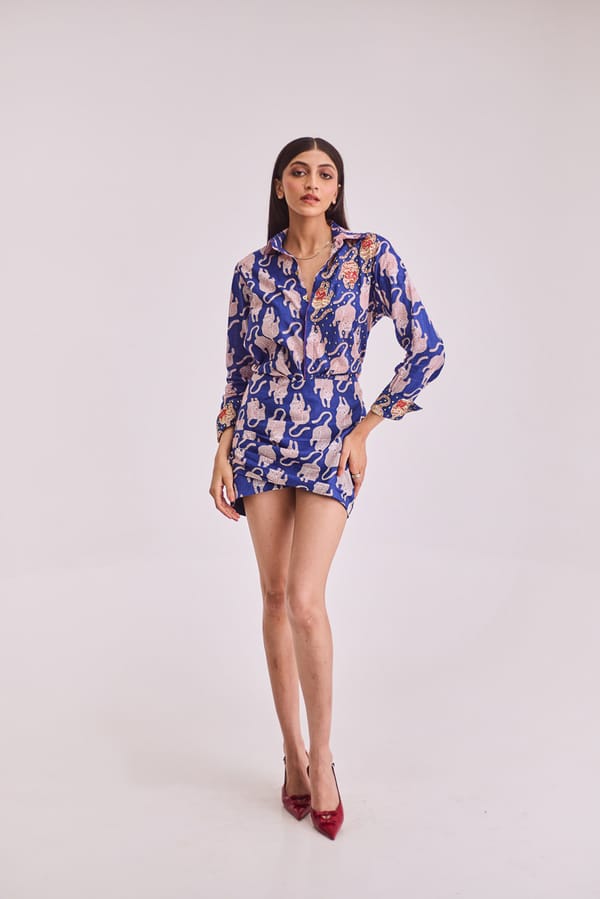 Blue Tiger Print Mini Shirt Dress with Hand Embroidery — Urban Suburban