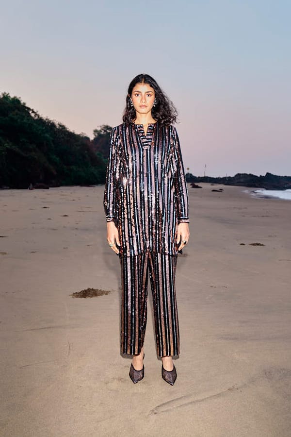 Metallic Multi Sequin Stripe Straight-Leg Trousers — Dash and Dot