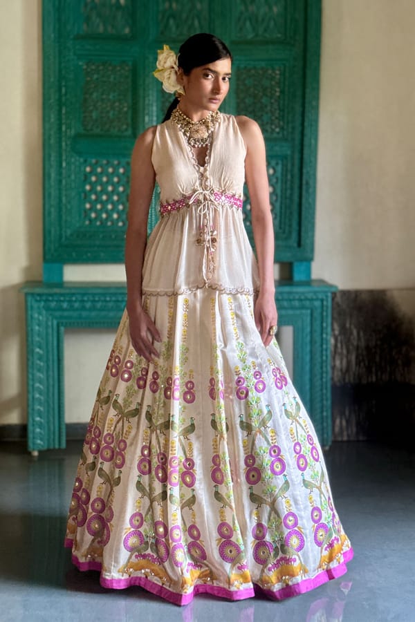 Off White Printed Lehenga Set With Tie-Up Blouse — Basil Leaf