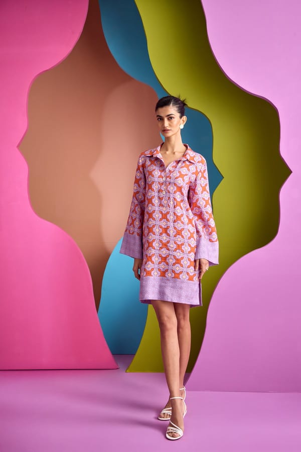 Purple Printed Knee-Length Kurta Dress with Flared Sleeves — CUIN