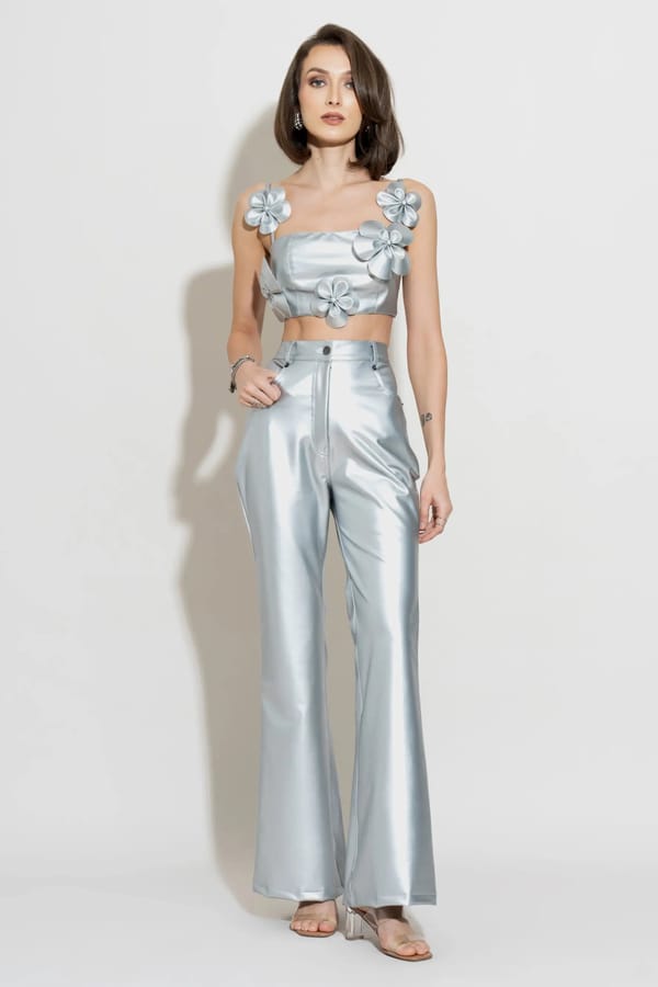 Silver Metallic Faux Leather High-Waist Straight-Leg Pants — Torqadorn