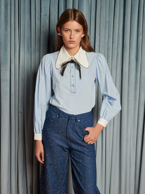 Baby Blue Contrast Collar Gem Button Blouse — SISTER JANE