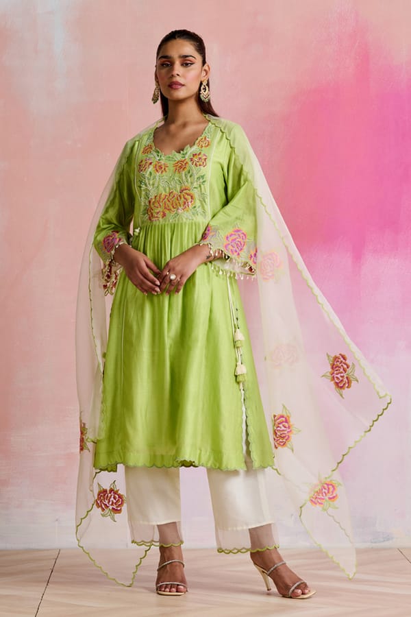 Green Silk Chanderi Embroidered A-Line Kurta Set — NIRVAIR CLOTHING