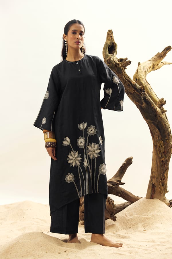 Black Linen Kurta and Wide Leg Pants Co-ord Set — Linen Bloom