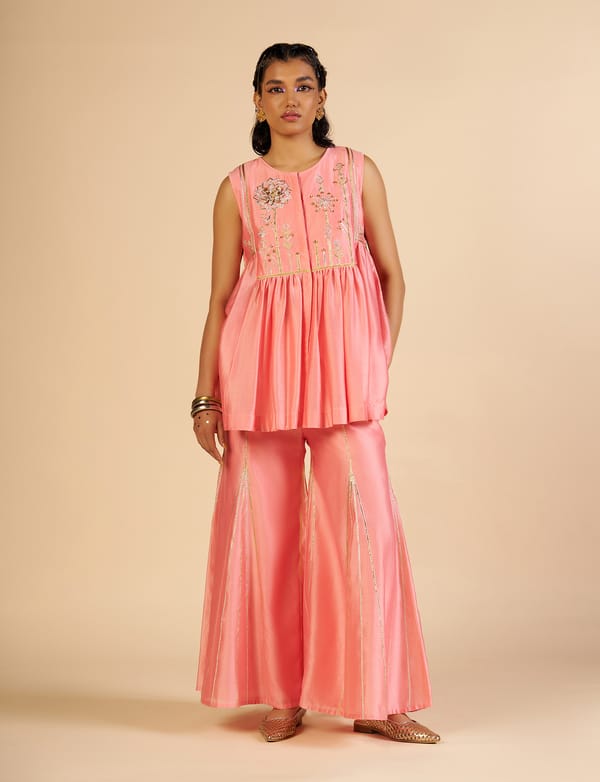 Pink Chanderi Flared Gharara Trousers — Gulabo by Abu Sandeep