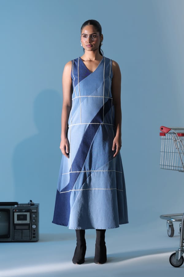 Blue Panelled Denim A-Line Midi Dress — MANVI DAGA STUDIO