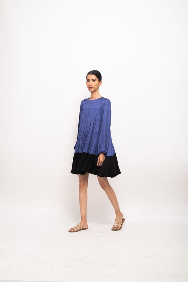 Blue and Black Tiered Gathered Mini Dress — Neora