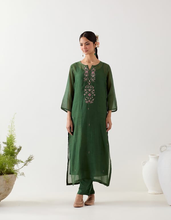 Bottle Green Embroidered Straight Kurta Set with Slip — Tatwa Designs