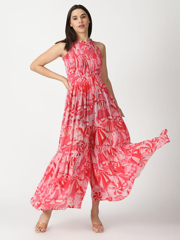 Pink Printed Halter Neck Smocked Wide-Leg Jumpsuit — House of Soi