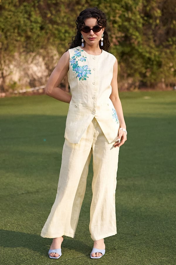 Butter Yellow Linen Embroidered Co-ord Pant Set — Sttavoss