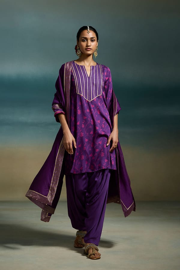 Purple Floral Printed Flared Modal Satin Kurta Set — Dressfolk
