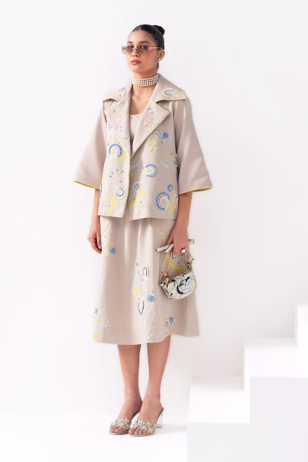 Ecru Embroidered Jacket, Midi Skirt and Bralette Co-ord — Our Love