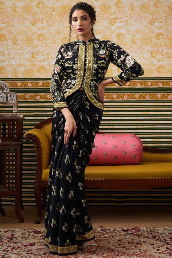 Mehr Embroidered Jacket With Drape Skirt — SOUP by Sougat Paul