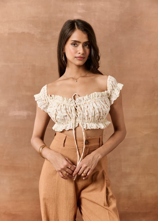 Cream Floral Off-Shoulder Ruched Tie-Up Crop Top — Lea Clothing