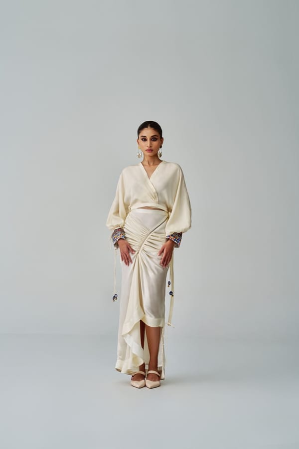 Ivory Silk Satin Draped Asymmetric Midi Skirt — Saaksha and Kinni