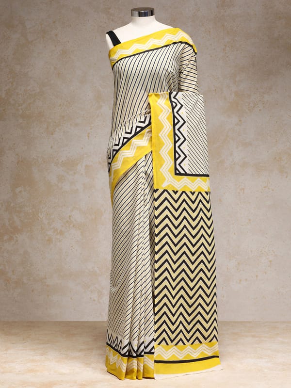 White Yellow Handblock Printed Diagonal Striped — BINKS