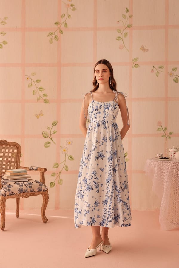 White/Blue Floral Cotton Linen Tie-Strap Midi Dress — Sage by Mala