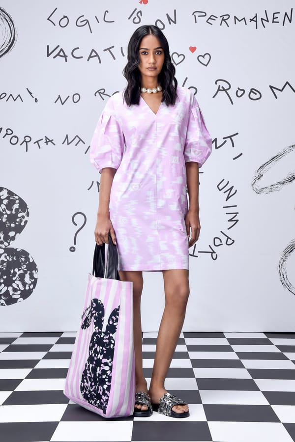 Smoothie Pink Ikkat Check V-Neck Puff Sleeve Dress — Genes Lecoanet Hemant