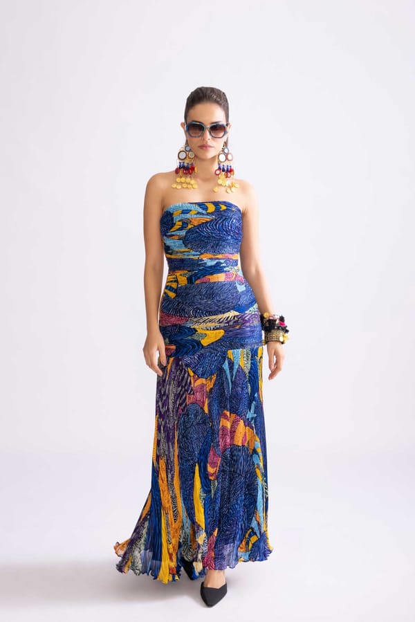 Blue/Multi Tribal Print Pleated Chiffon Strapless Maxi Gown — Saaksha and Kinni