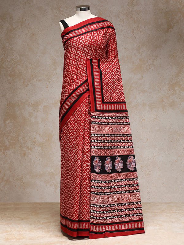 Mulberry Red Handblock Printed Floral Jaal Mulmul — BINKS