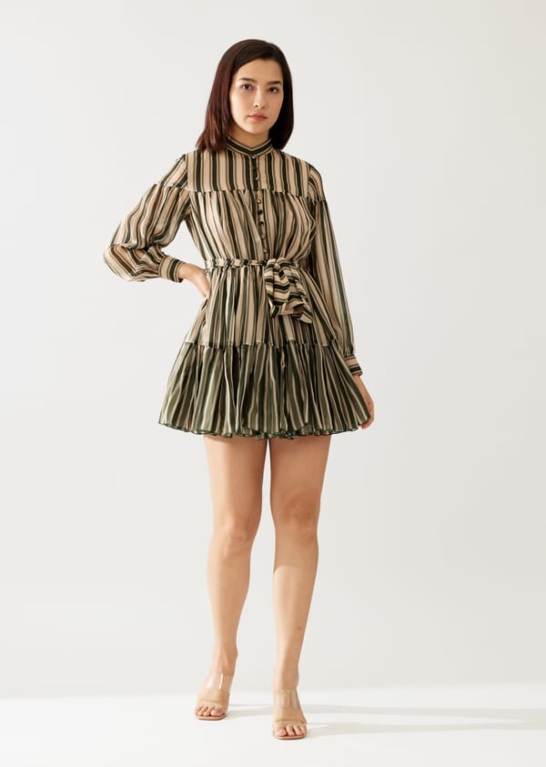 Green And Cream Stripe Short Dress — KoAi