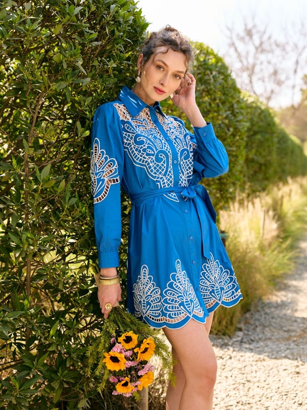 Blue Cutwork Belted Mini Shirt Dress — Style Island