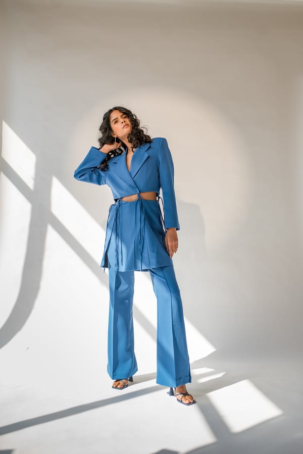 Yale Blue High-Waist Wide-Leg Trousers with Side Slits — MAGIA