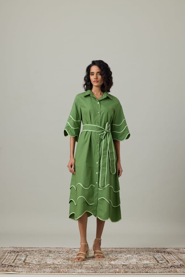 Moss Green Cotton Poplin Belted Midi Shirt Dress — 63East