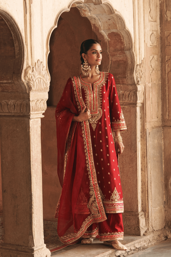 Deep Red Embroidered A-Line Kurta Set with Palazzo and Dupatta — Sheetal Batra