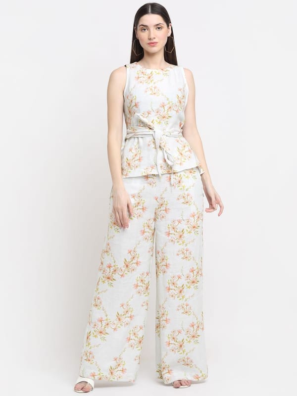 White Floral Printed Hemp Co-ord Set with Wide-Leg Pants — EWOKE STUDIO