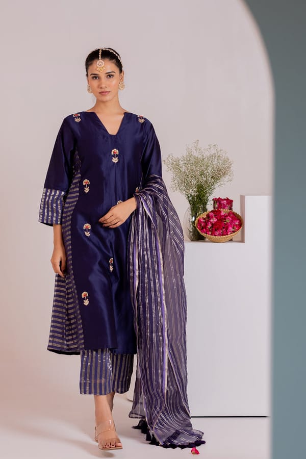 Indigo Chanderi Embroidered Kurta Set with Organza Dupatta — Silai studio