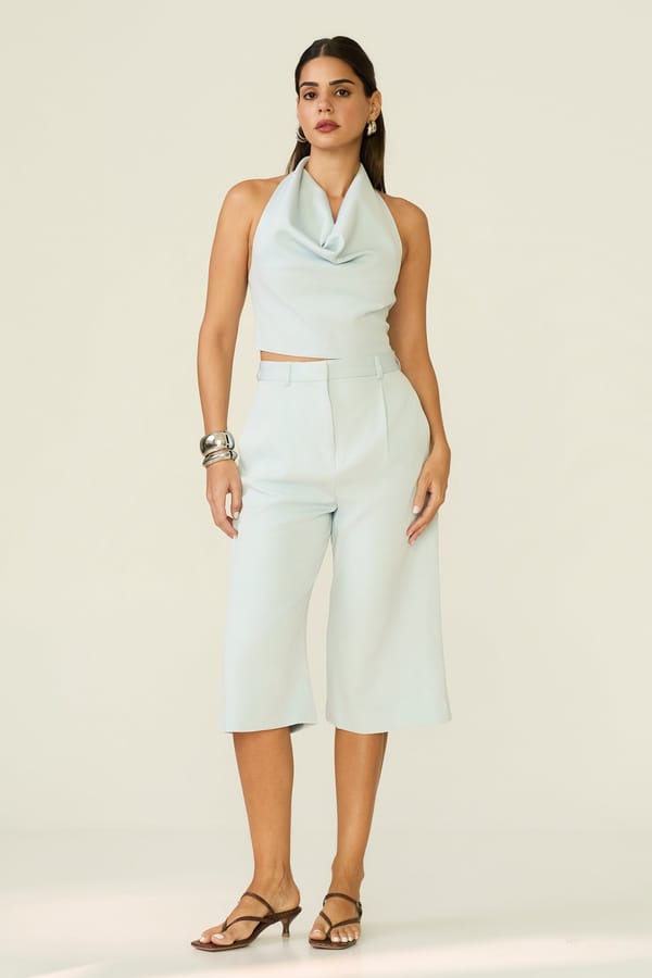 Powder Blue High-Waist Culotte Shorts (Below-Knee) — LABEL FROW