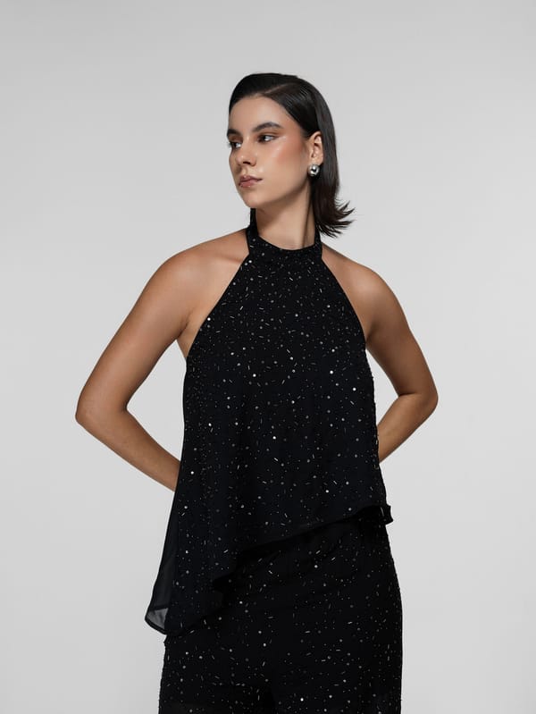 Asymmetric Hand-Beaded Sequin Halter Top — The Clothing Factory