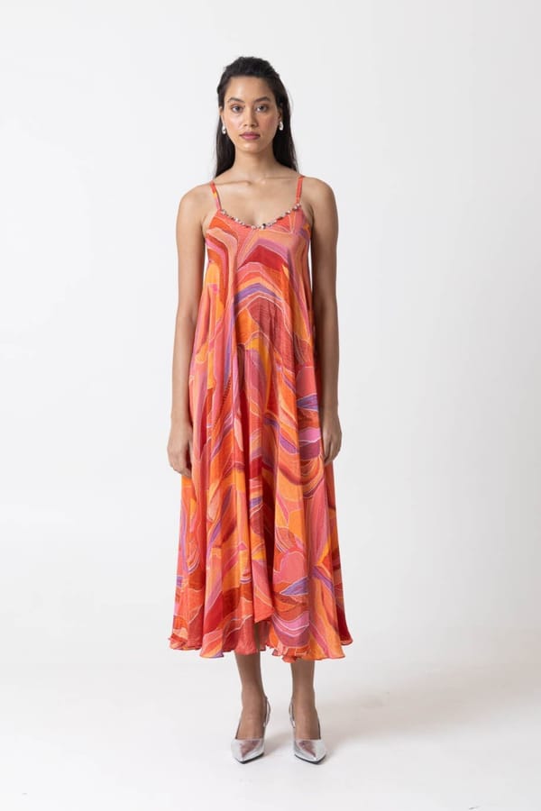 Orange/Multicolor Printed Strappy A-Line Midi Dress — MOMENT BOMBAY