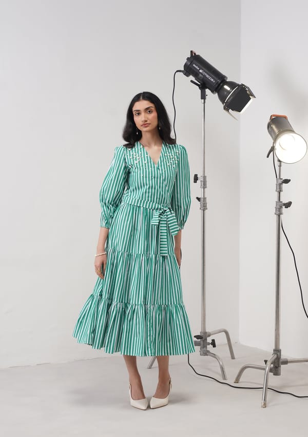 Green Striped Embellished Tiered Midi Dress with Belt — AMOSHI