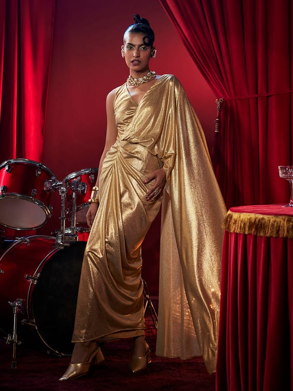 Gold Metallic Draped One-Sleeve Maxi Gown — HOUSE OF FETT